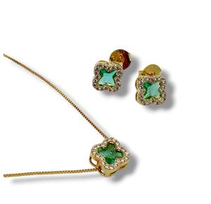 CONJUNTO TREVO GREEN FOLHEADO A OURO 18K 