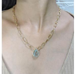 Maxi colar com pingente gota folheado a ouro 18k com pedra azul de zircônia 