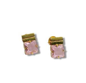 BRINCO  QUADRADO PINK FOLHEADO A OURO 18K - 1,4CM